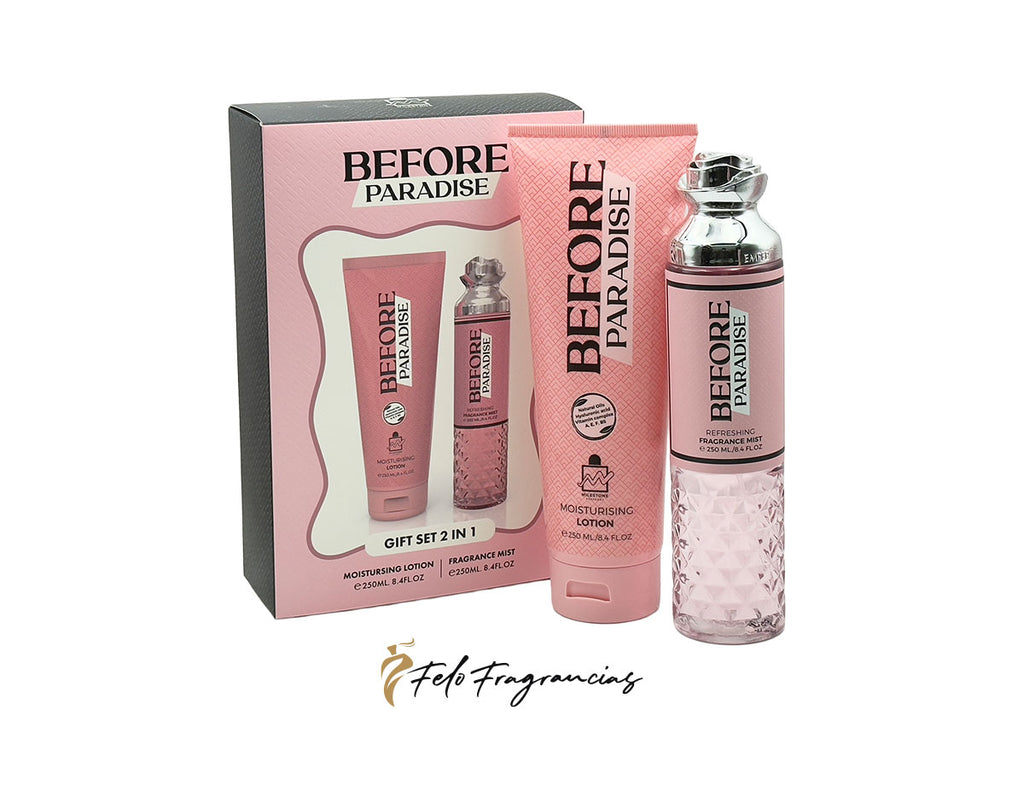 Before Paradise 2-in-1 gift set: pink lotion tube and glass perfume bottle
