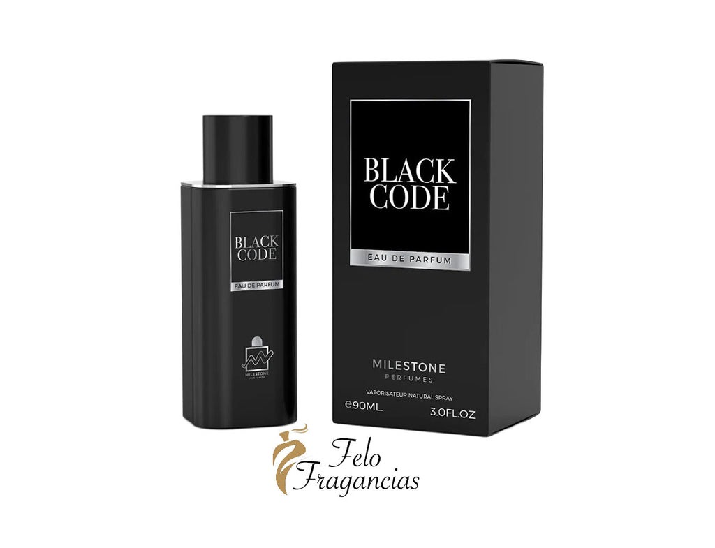 Milestone Black Code eau de parfum, 100ml black glass spray bottle and boxed label