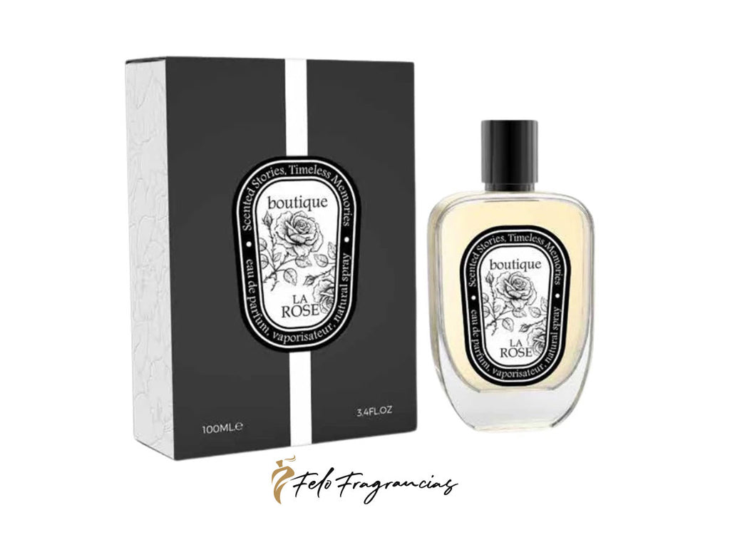 Milestone Boutique La Rose 100ml eau de parfum, glass bottle with black cap and boxed set