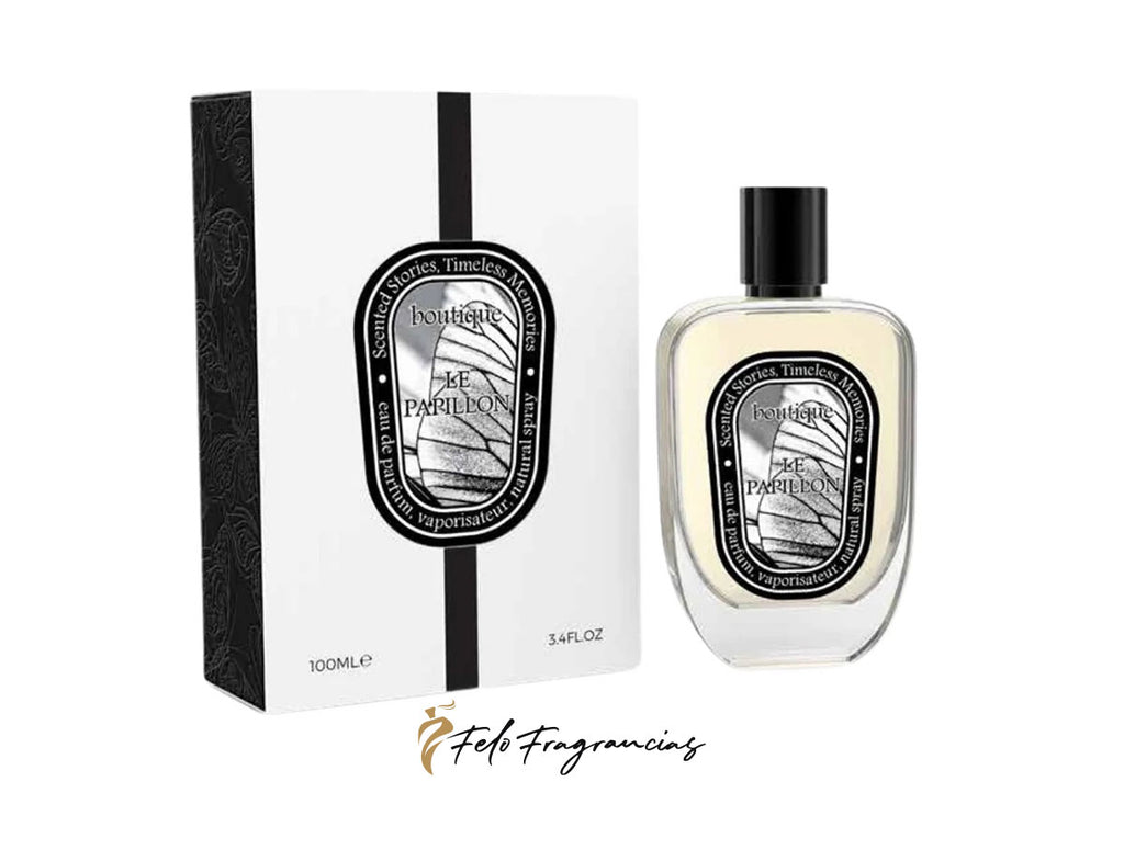 Le Papillon eau de parfum 100ml set: bottle with black cap and boxed packaging