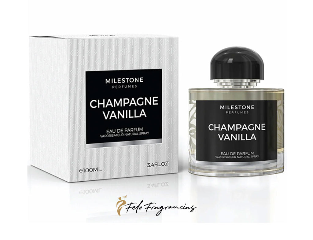 Champagne Vanilla eau de parfum bottle and box, 3.4 fl oz (100 ml), glass with dark cap