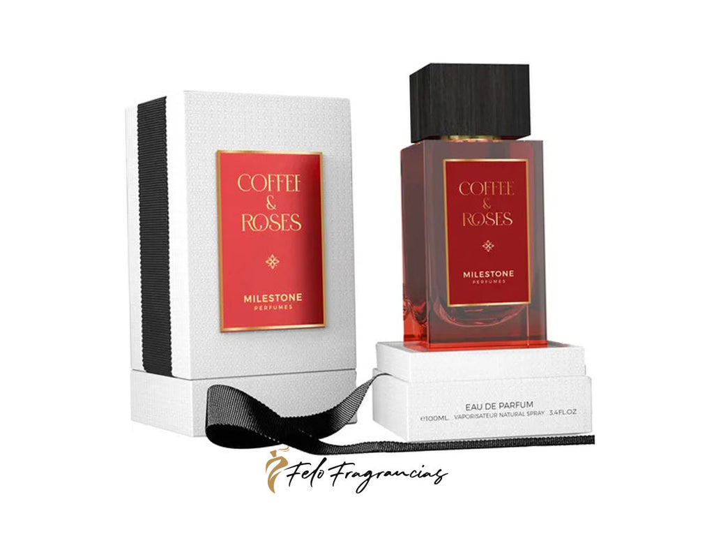 Coffee & Roses eau de parfum bottle with dark cap and red label, with gift box.
