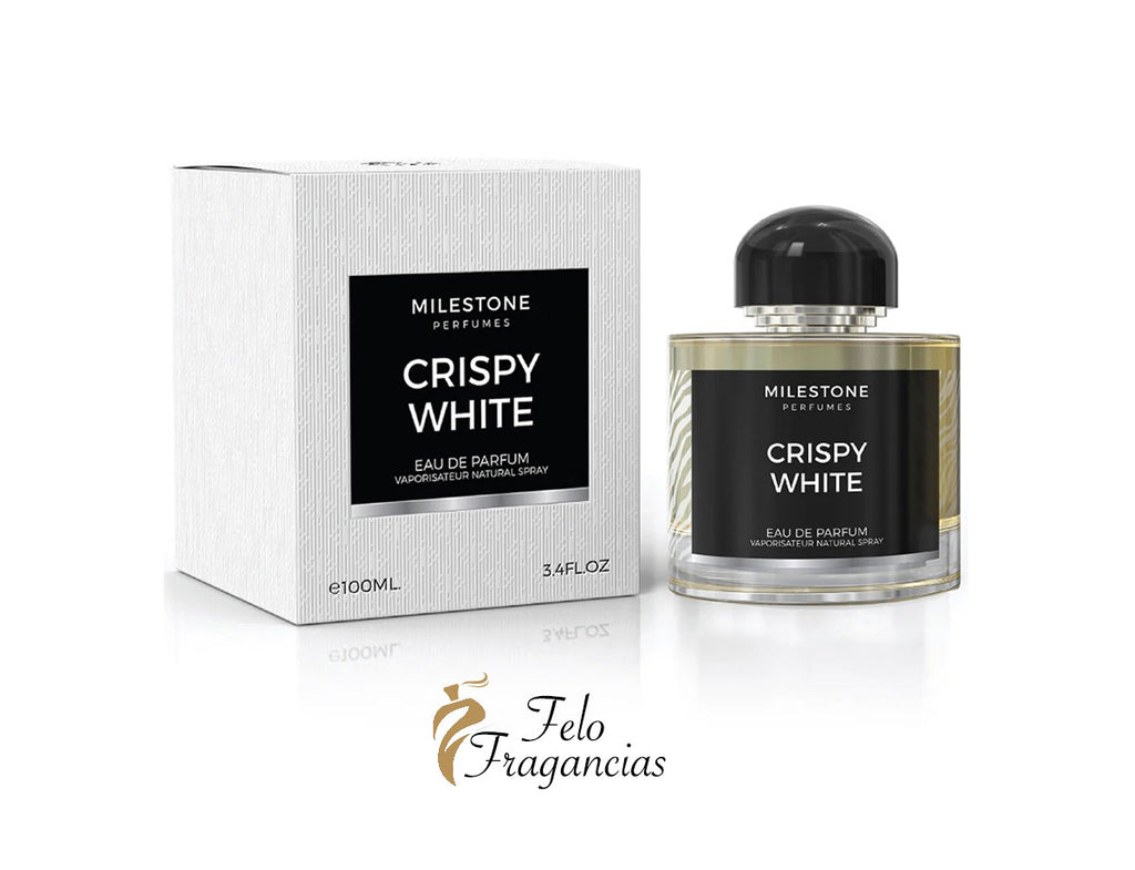 Crispy White eau de parfum spray bottle with label and matching 100ml box