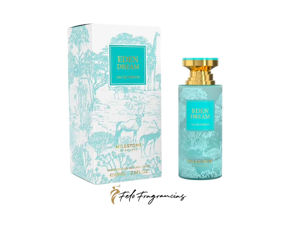 Turquoise Eden Dream eau de parfum bottle with gold cap and matching boxed label