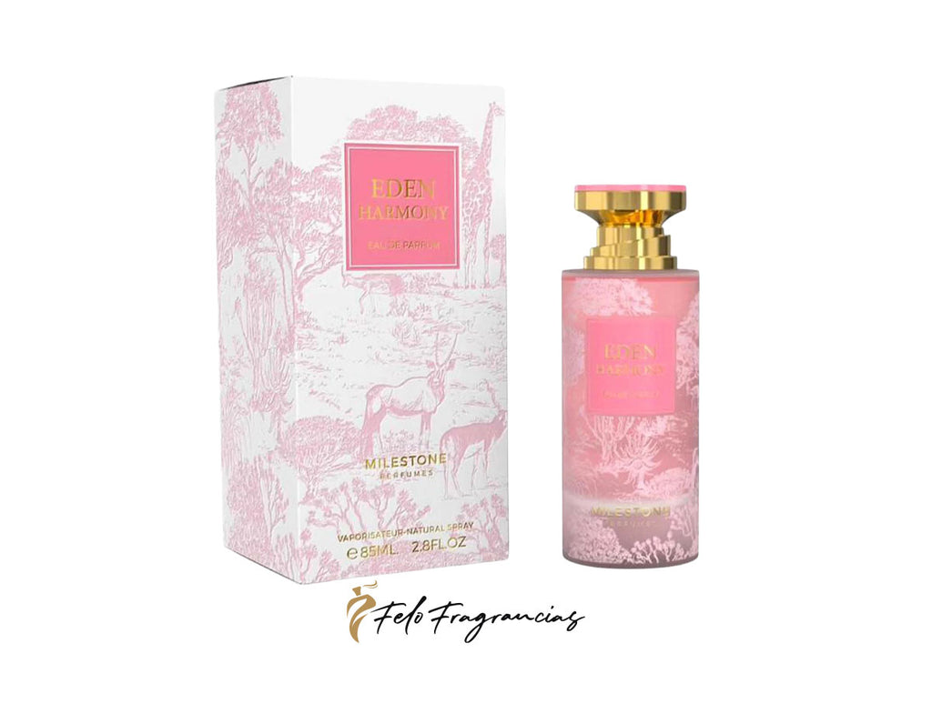 Eden Harmony eau de parfum bottle with pink glass and gold cap