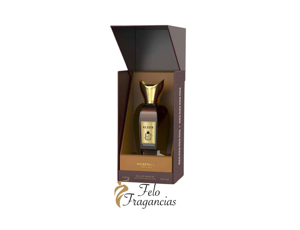 Milestone Elixir 100ml eau de parfum bottle in open gift box, gold cap