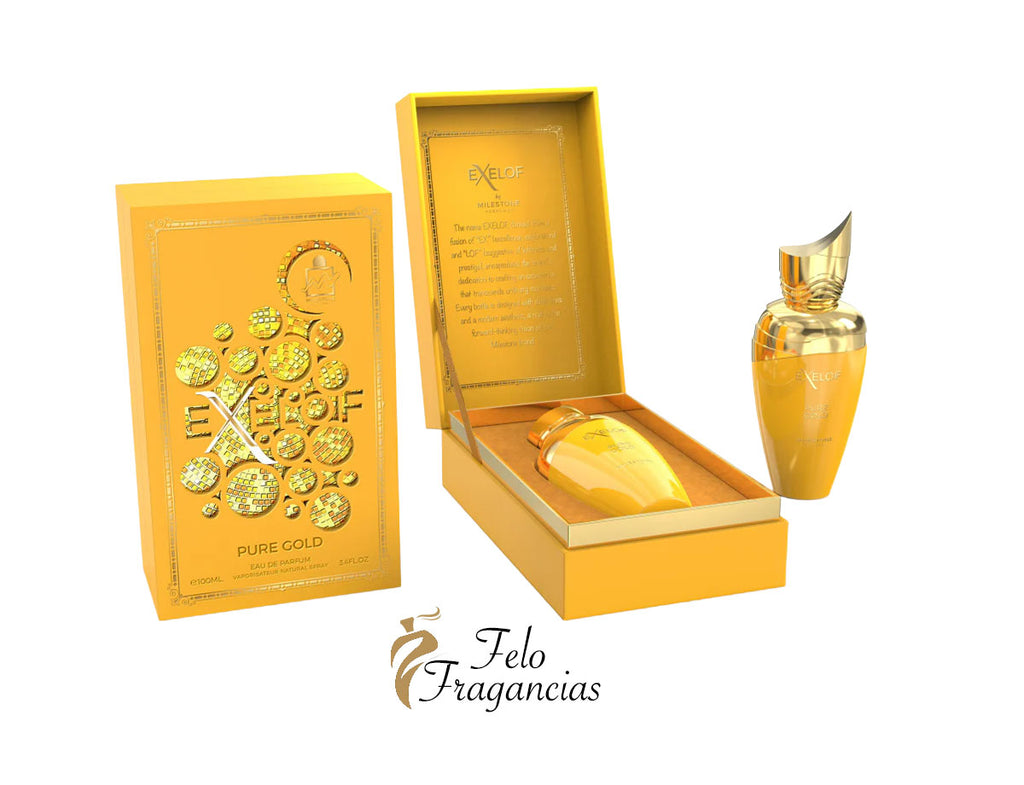 Pure Gold Exelof eau de parfum bottle with presentation box, gold-toned