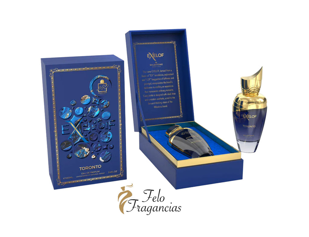 Eau de Parfum 100ml set: gold glass bottle with blue label and matching blue gift box