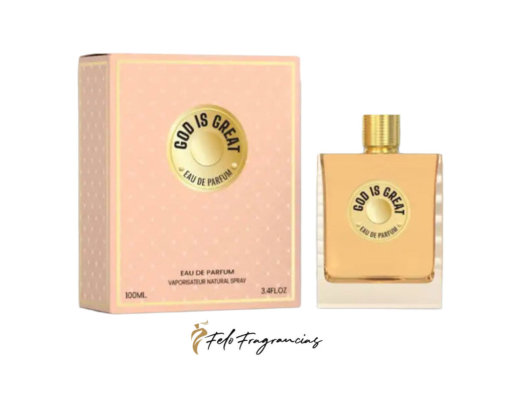 Eau de Parfum God Is Great en botella de vidrio ámbar con tapa dorada