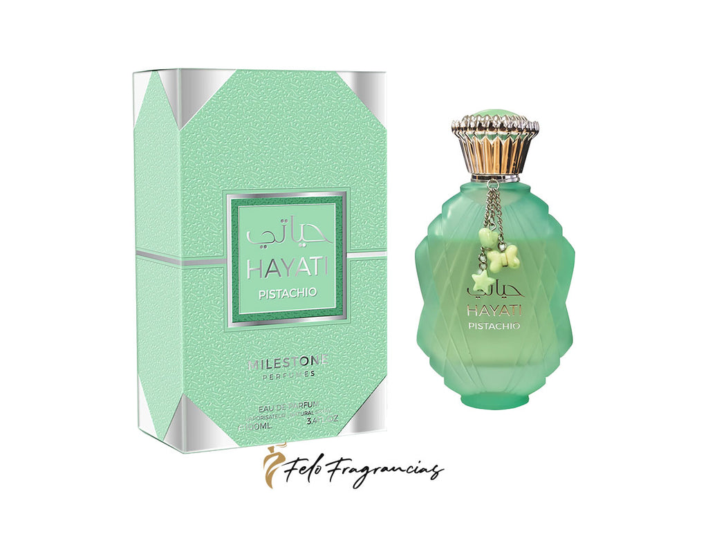 Hayati Pistachio eau de parfum 100ml bottle with matching green gift box