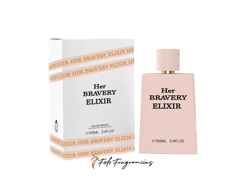 Her Bravery Elixir 100ml eau de parfum: pink bottle with gold cap and box