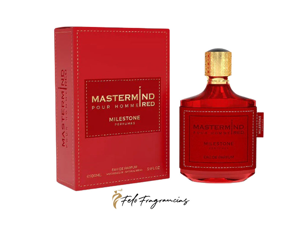 Red eau de parfum bottle and box for Mastermind Pour Homme Red, gold cap