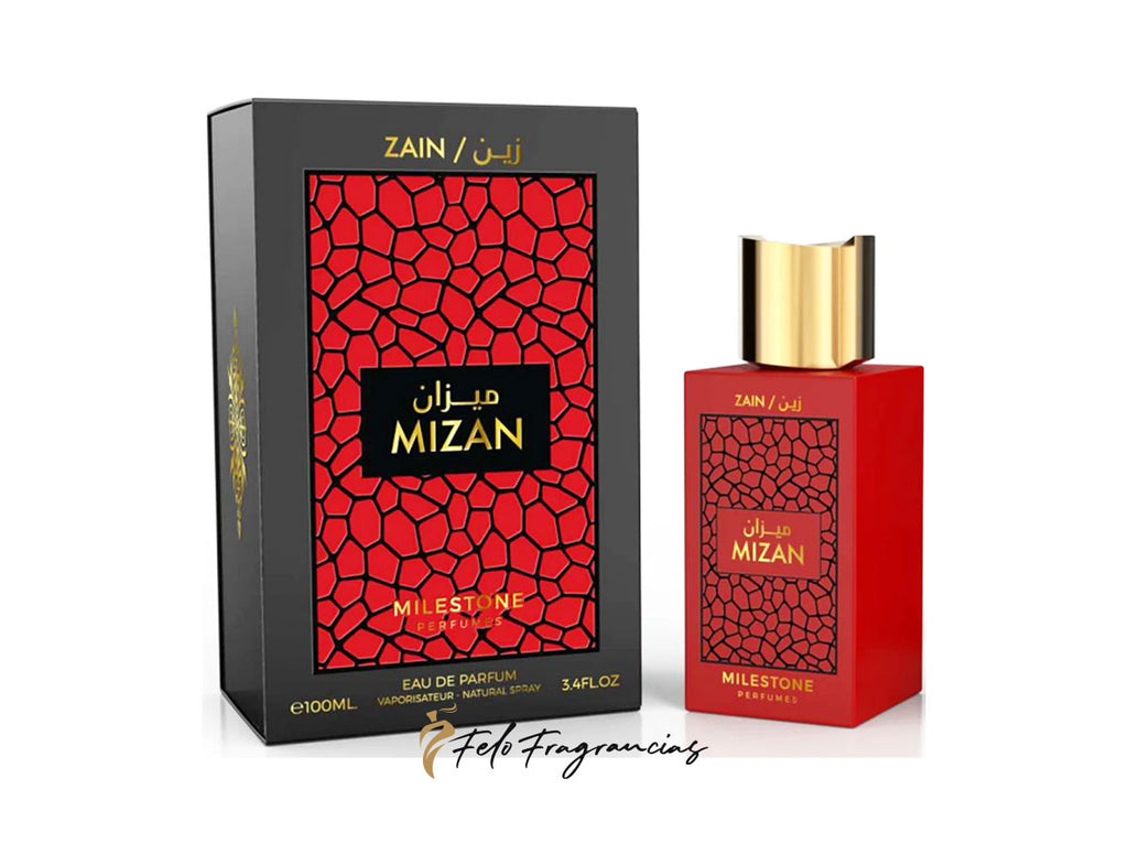 Red eau de parfum bottle and box, 100 ml, Mizan by Milestone