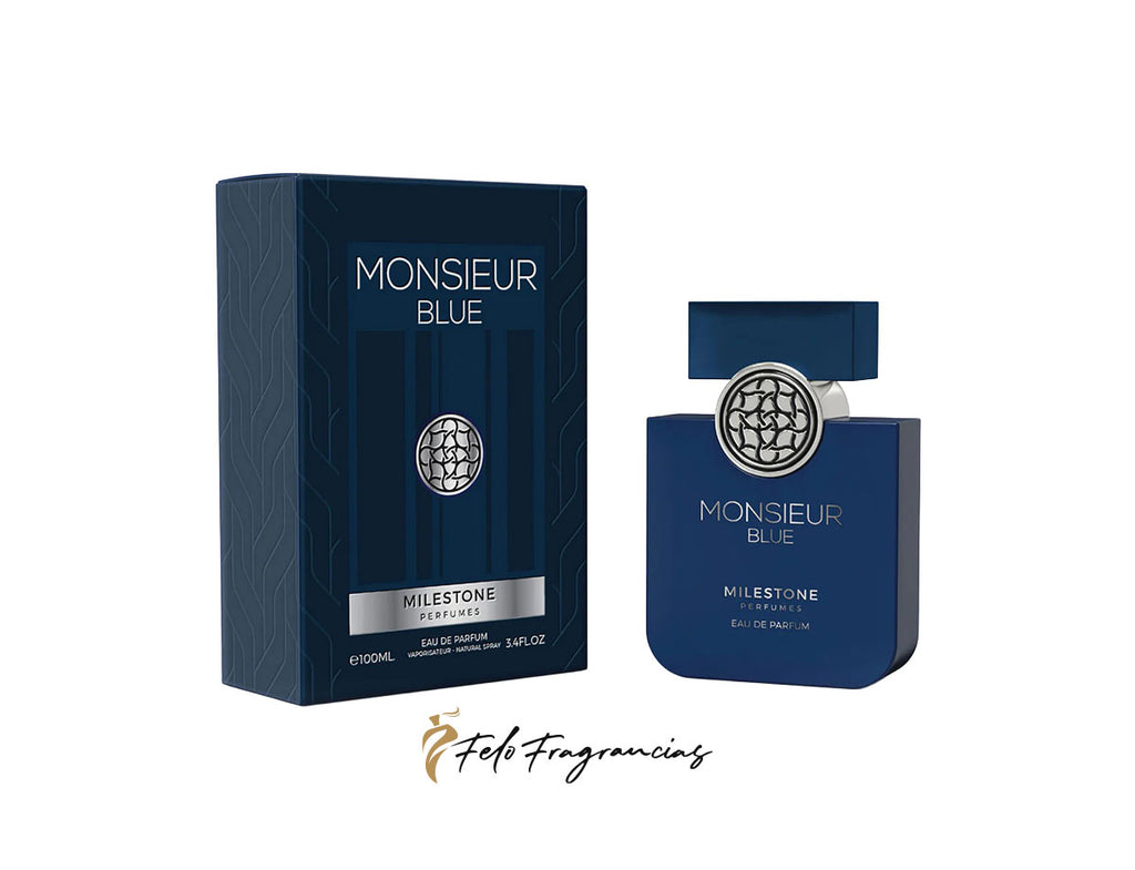 Perfume Eau de Parfum Monsieur Blue 100 ml: frasco azul con caja