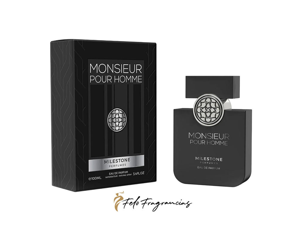 Monsieur Pour Homme eau de parfum 100ml box and bottle, dark label with crest emblem