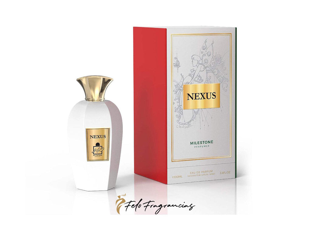 Nexus eau de parfum bottle with gold cap and matching red-and-white gift box, 100ml