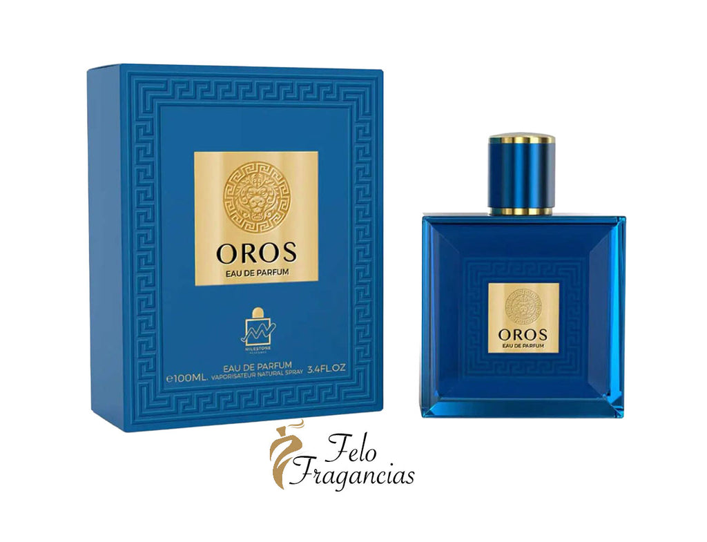 Oros eau de parfum bottle and box, blue glass with gold cap