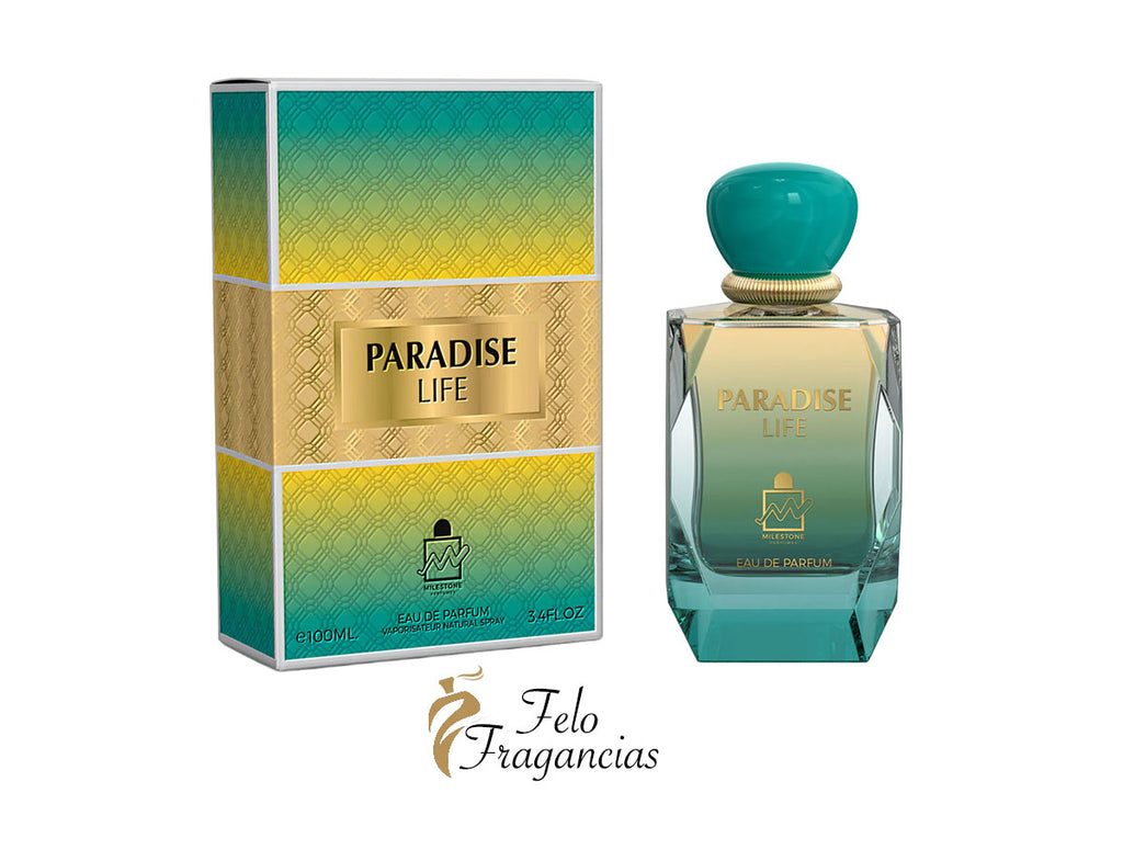 Eau de parfum en frasco turquesa con caja; Paradise Life, 100 ml.