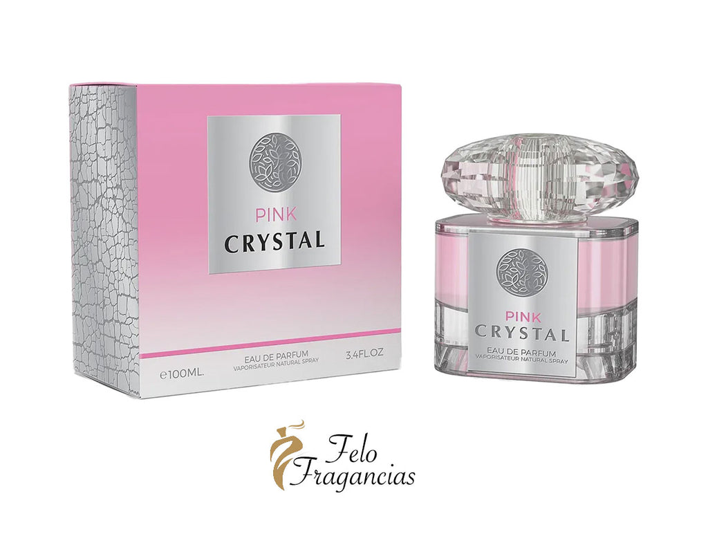 Pink Crystal eau de parfum bottle with pink liquid, clear faceted cap, 100ml