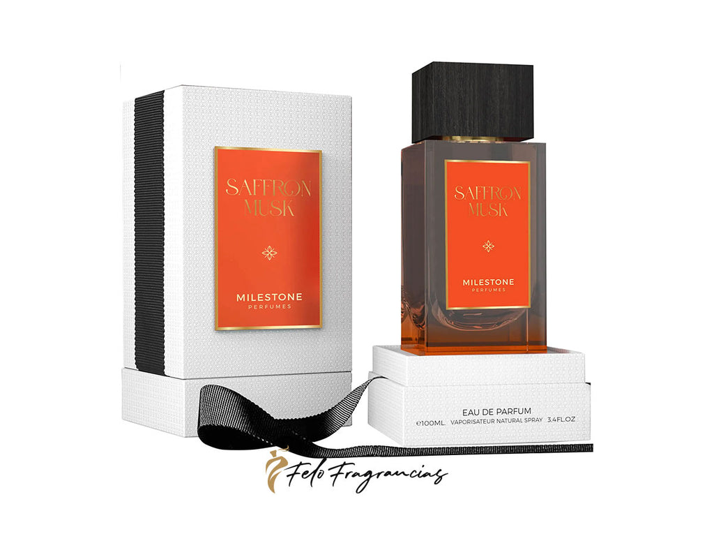 Saffron Musk eau de parfum 100ml, dark bottle with white gift box