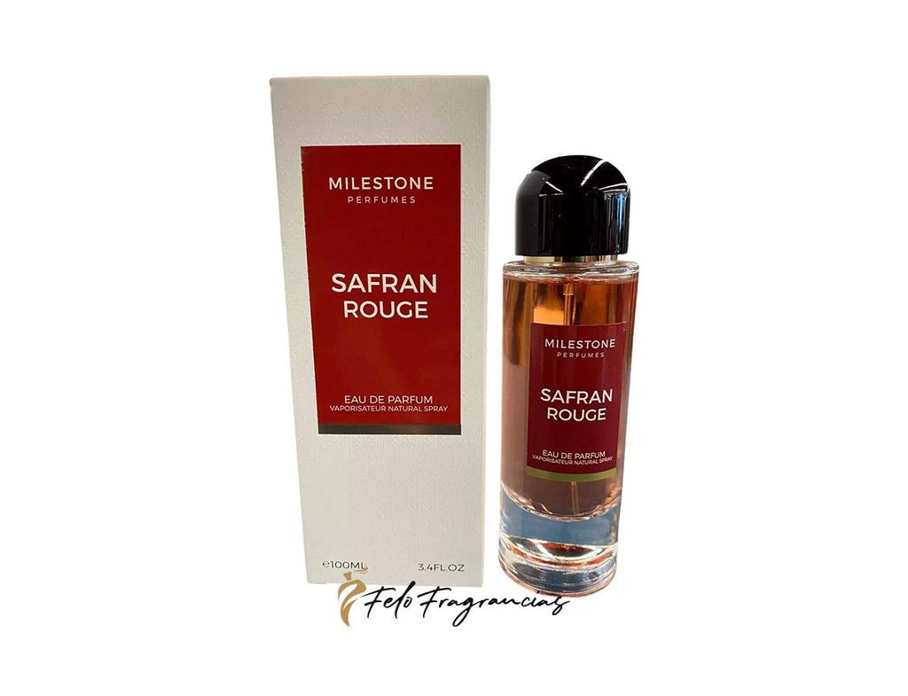 Eau de parfum Safran Rouge de Milestone: frasco ámbar con tapa negra y caja.