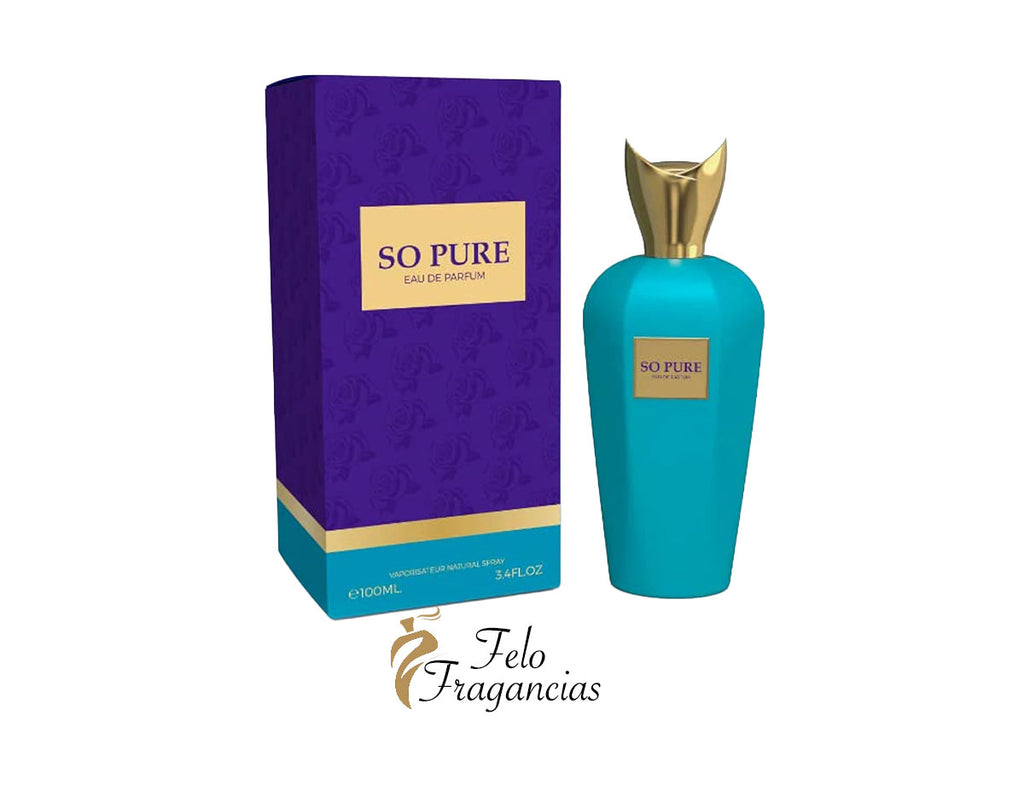 So Pure eau de parfum 100ml: teal bottle with gold cap and purple box