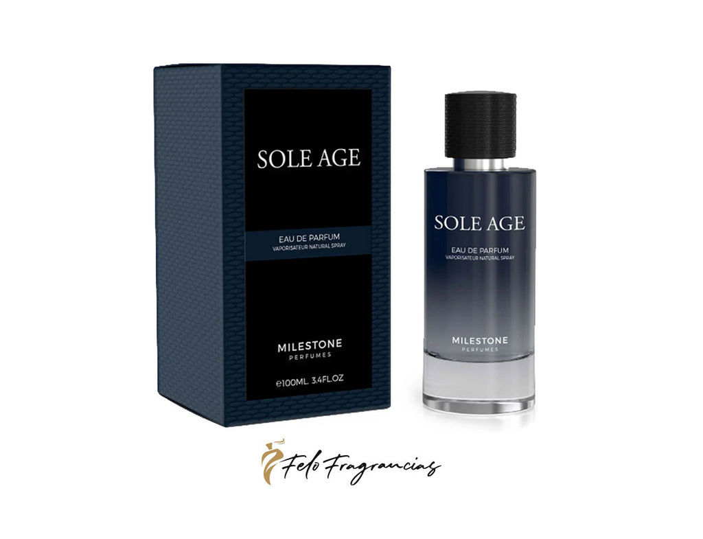Sole Age eau de parfum 100ml bottle and box, dark blue glass with black cap