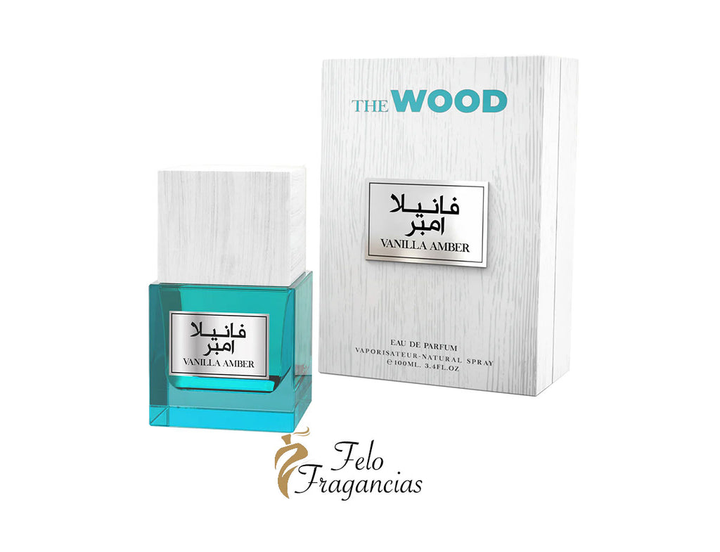 Vanilla Amber eau de parfum 100ml spray bottle and box, wood-themed label