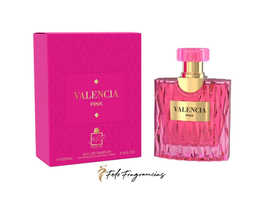 Valencia Pink Eau de Parfum 100ml bottle and box, pink glass flacon with gold cap