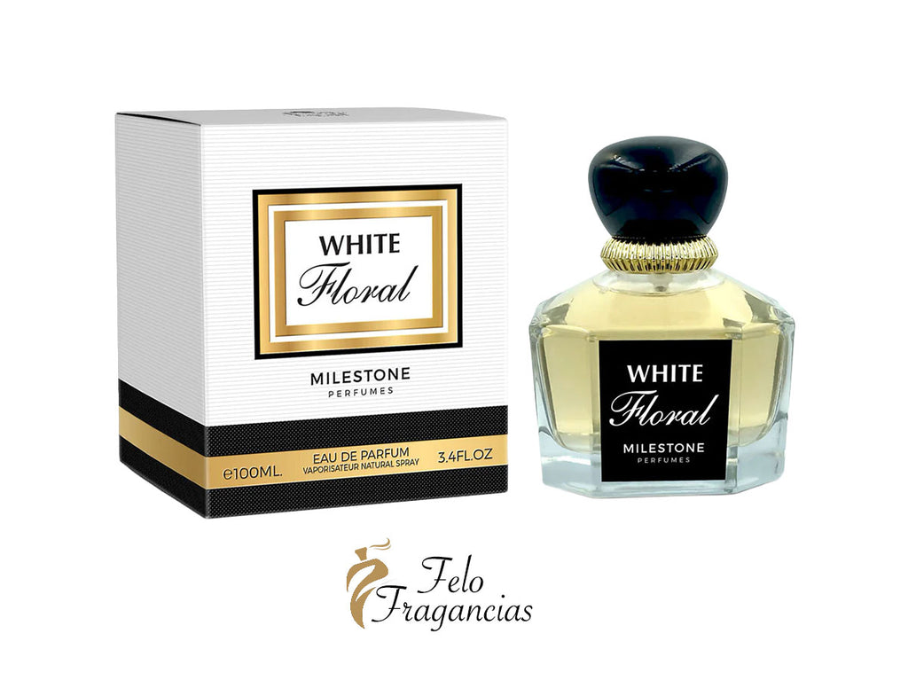 Milestone White Floral eau de parfum, clear glass bottle with gold cap and box