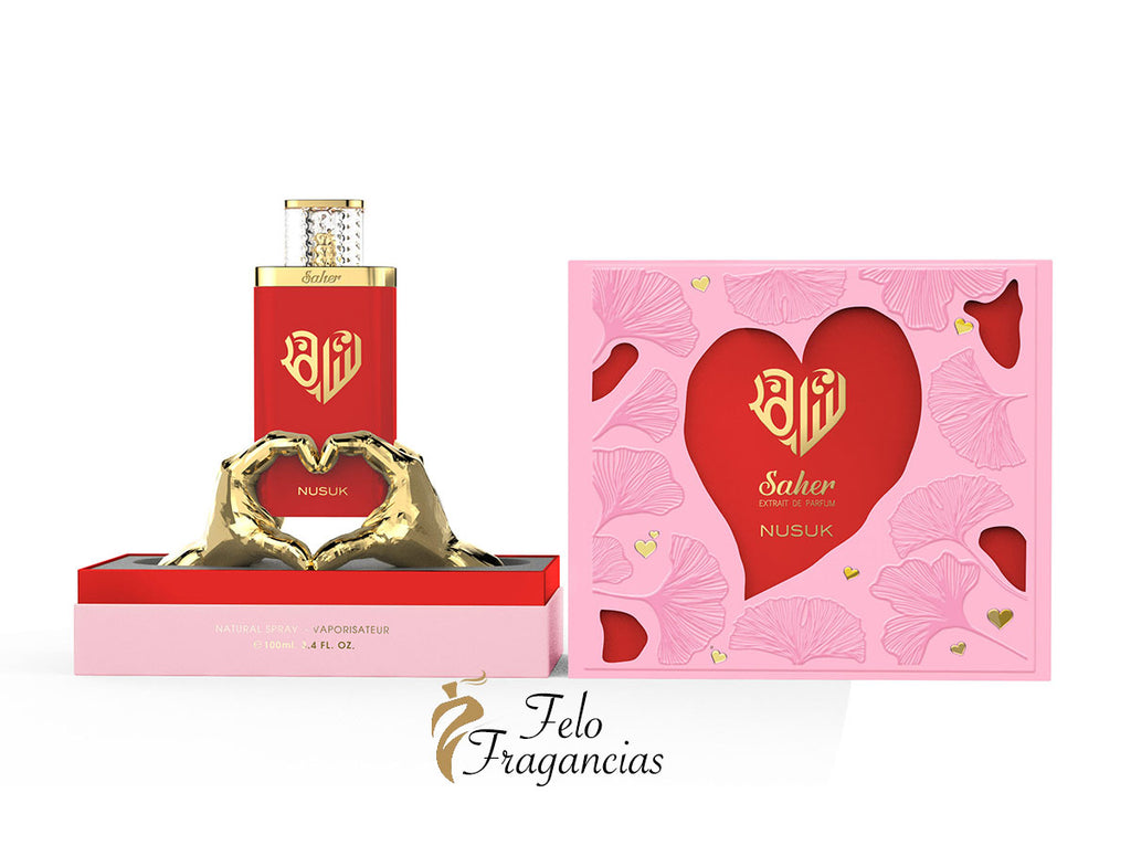 Women’s Eau de Parfum 100 ml: gold-capped bottle and pink Saher gift box