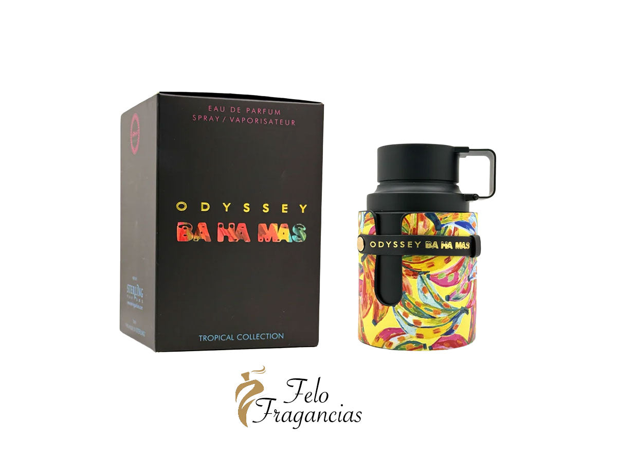 Odyssey Bahamas eau de parfum 100ml: black box and colorful spray bottle with handle