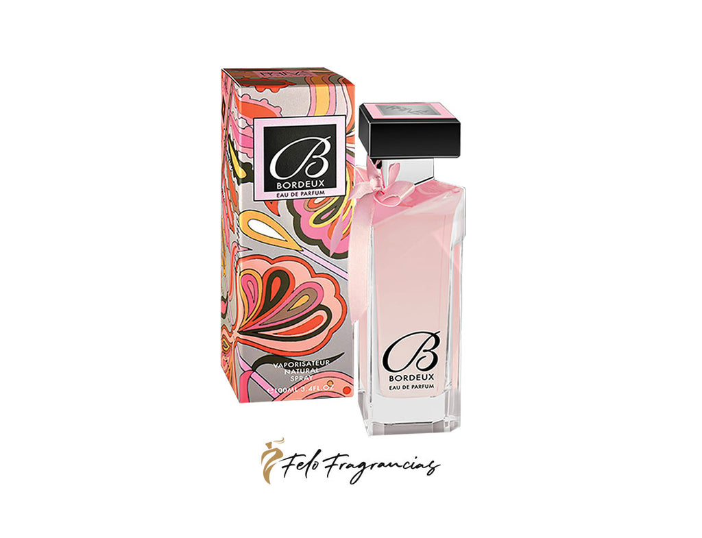 Perfume Eau de Parfum en frasco rectangular con tapa negra y caja decorativa