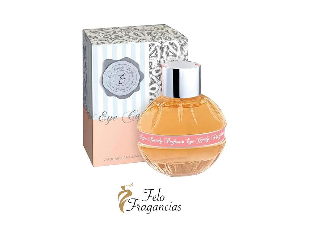 Eye Candy Eau de Parfum 100ml with amber glass bottle, silver cap, and gift box