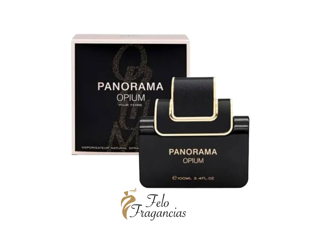 Panorama Opium eau de parfum bottle and box, black with gold accents