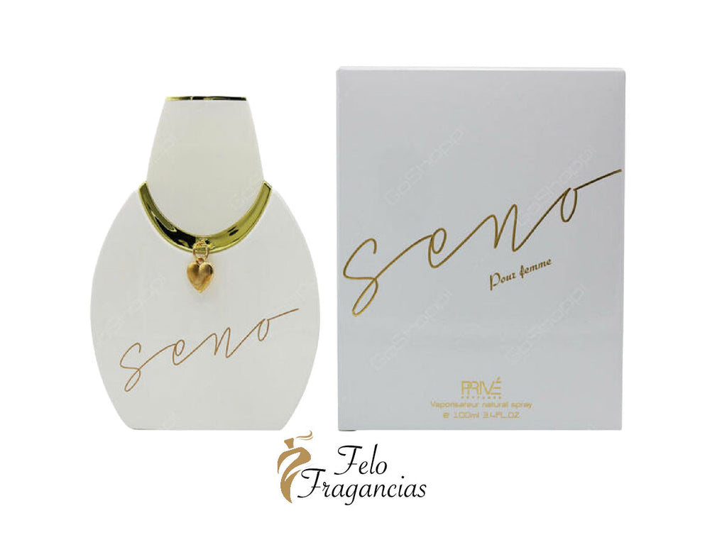 Prive Seno Pour Femme 100ml: white perfume bottle with gold heart charm and box set