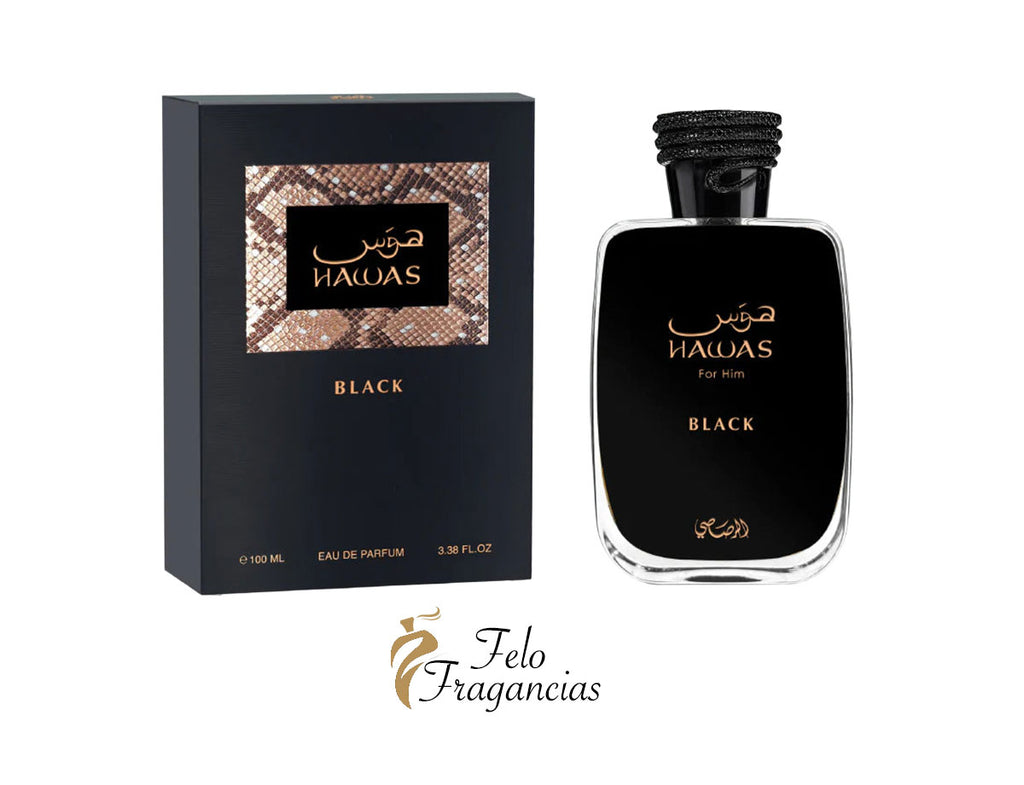 Hawas Black 100ml Eau de Parfum bottle and box, black scent for him
