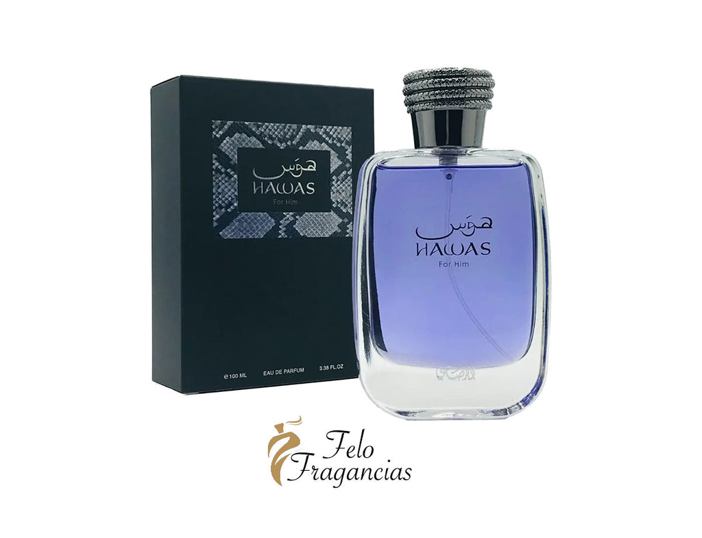 Perfume Rasasi Hawas: frasco violeta claro con caja negra, vista frontal