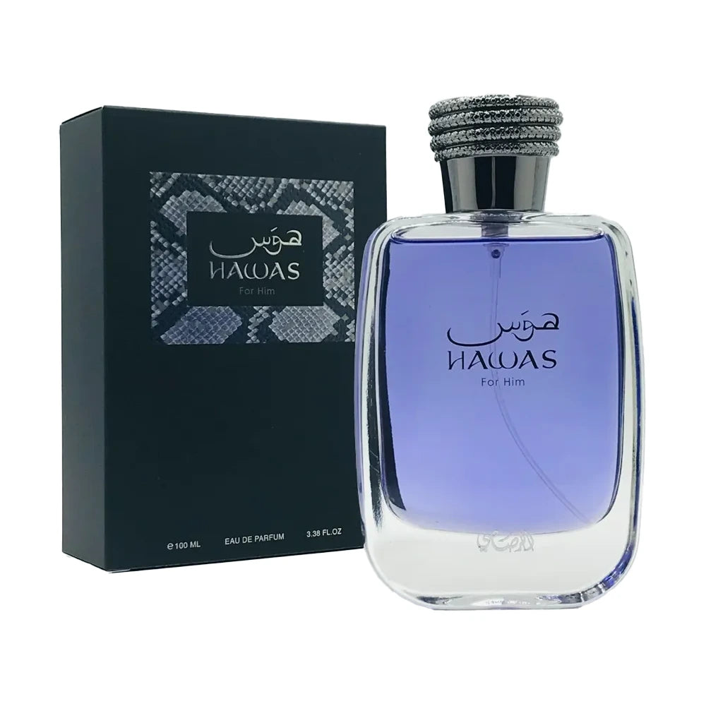 Perfume Rasasi Hawas: frasco violeta claro con caja negra y tapa texturizada