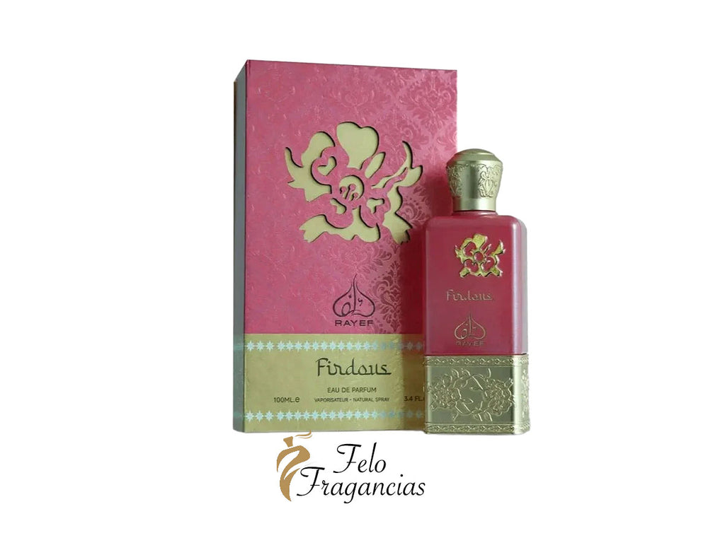 Perfume Rayef Firdous: frasco de eau de parfum 100 ml con tapa dorada y caja roja