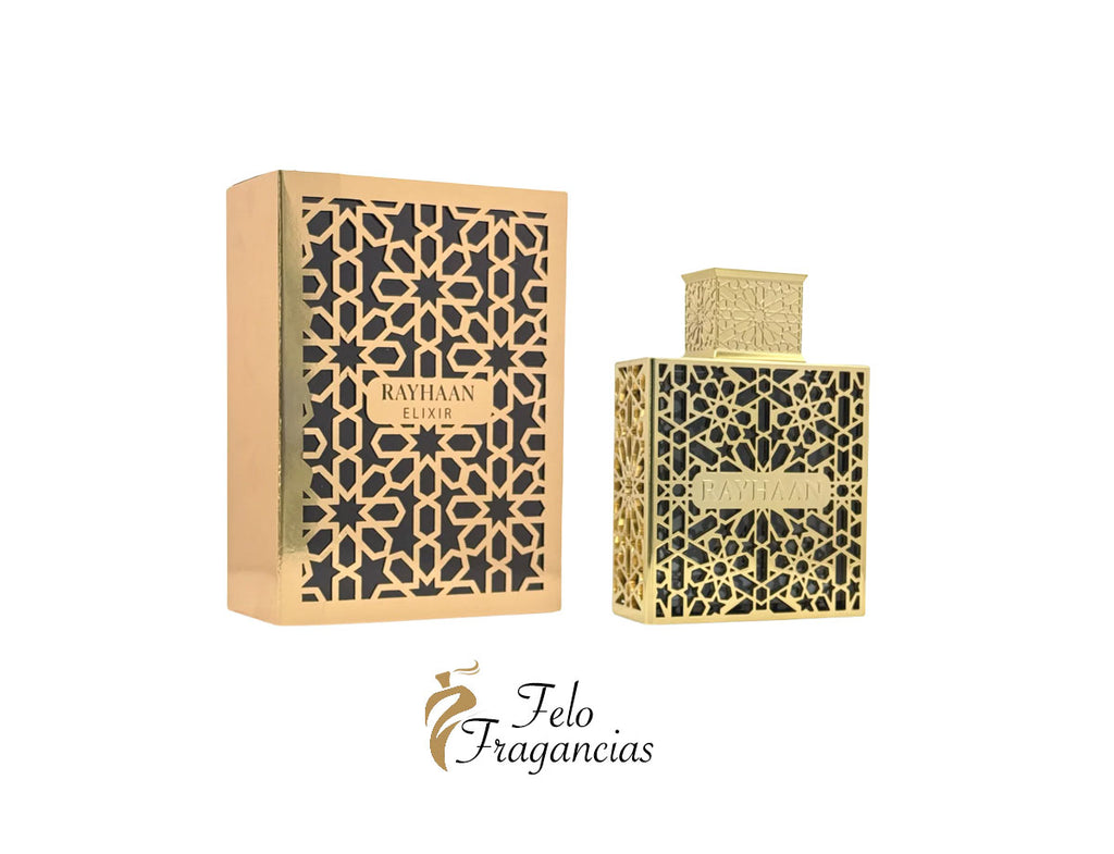 Rayhaan Elixir 100ml Eau de Parfum spray bottle with matching patterned gift box