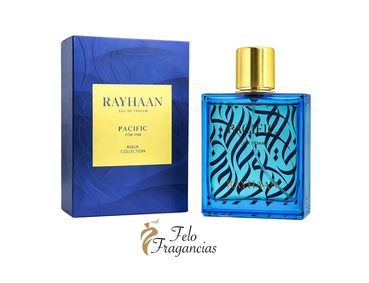 Pacific for Him eau de parfum 100ml, blue bottle with gold cap and matching box
