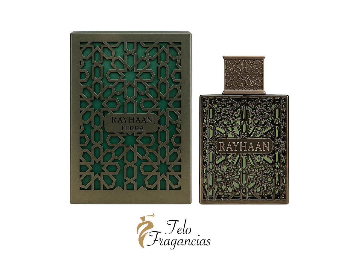 Terra eau de parfum 100ml gift box and bottle, geometric green-gold design