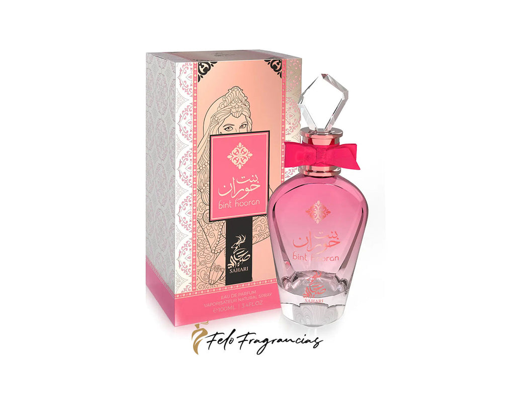 Perfume Sahari Bint Hooran Eau de Parfum 100 ml con frasco rosa y caja.