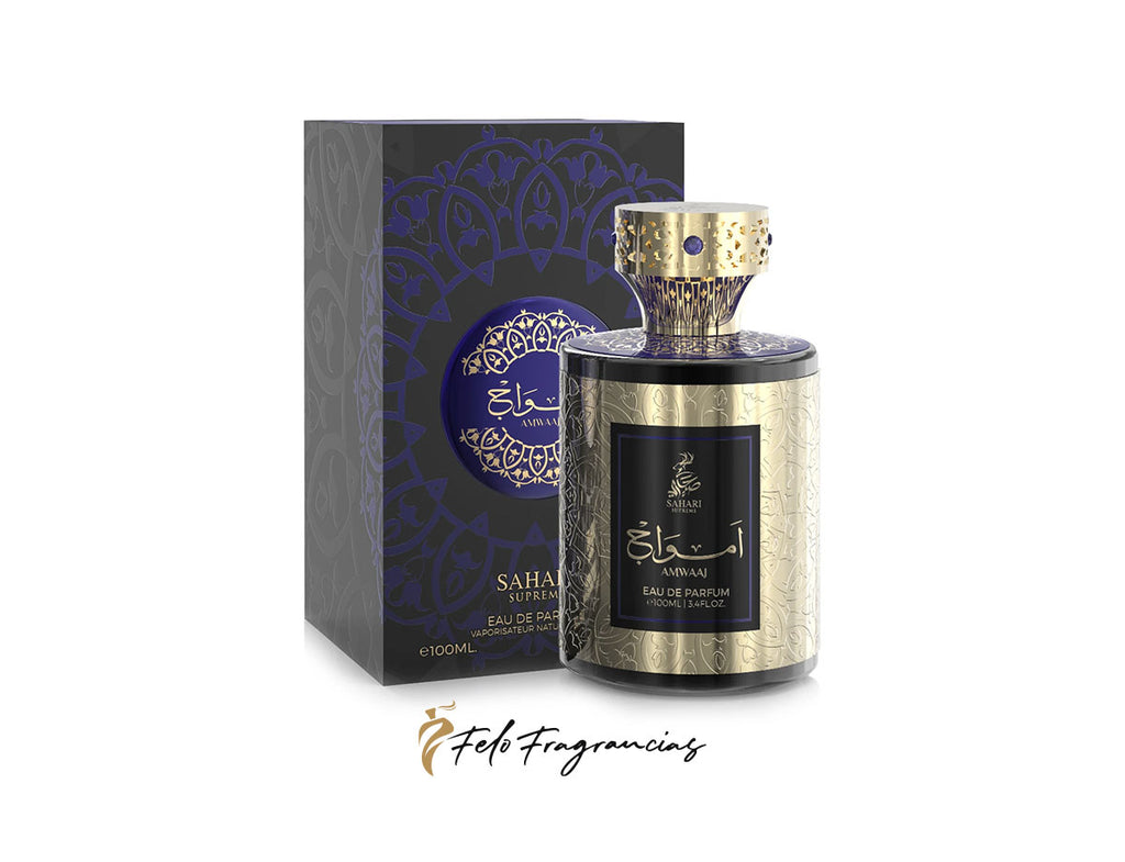 Perfume Sahari Supreme Amwaaj Eau de Parfum 100 ml, frasco dorado con tapa negra