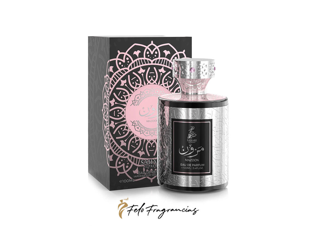 Perfume Sahari Supreme Mazoon Eau de Parfum 100 ml en frasco plateado y caja