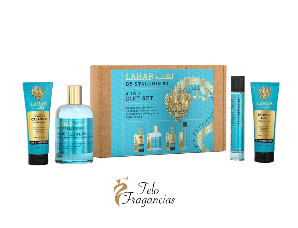 Lahab 53 4-in-1 gift set with facial cleanser, lotion, and shower gel bottles in box