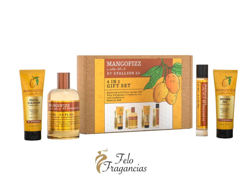 MangoFizz 4-in-1 gift set with facial cleanser tube, amber bottle, and boxed skincare bottles