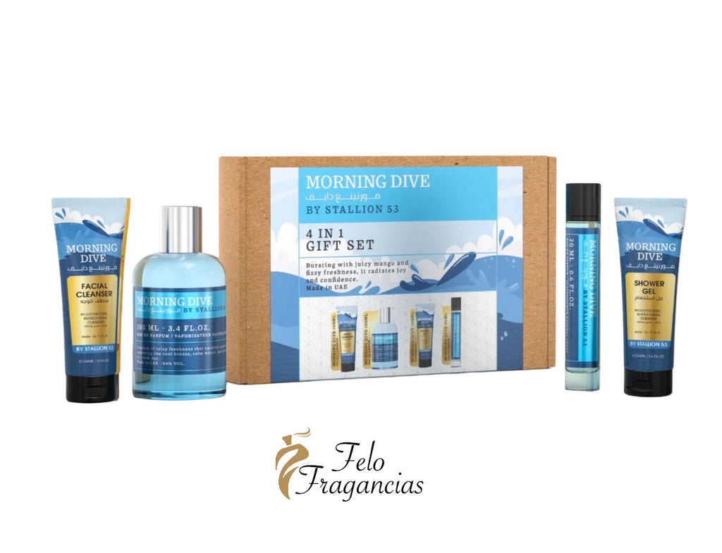 Morning Dive 4-in-1 gift set with facial cleanser, lotion, shower gel and cologne
