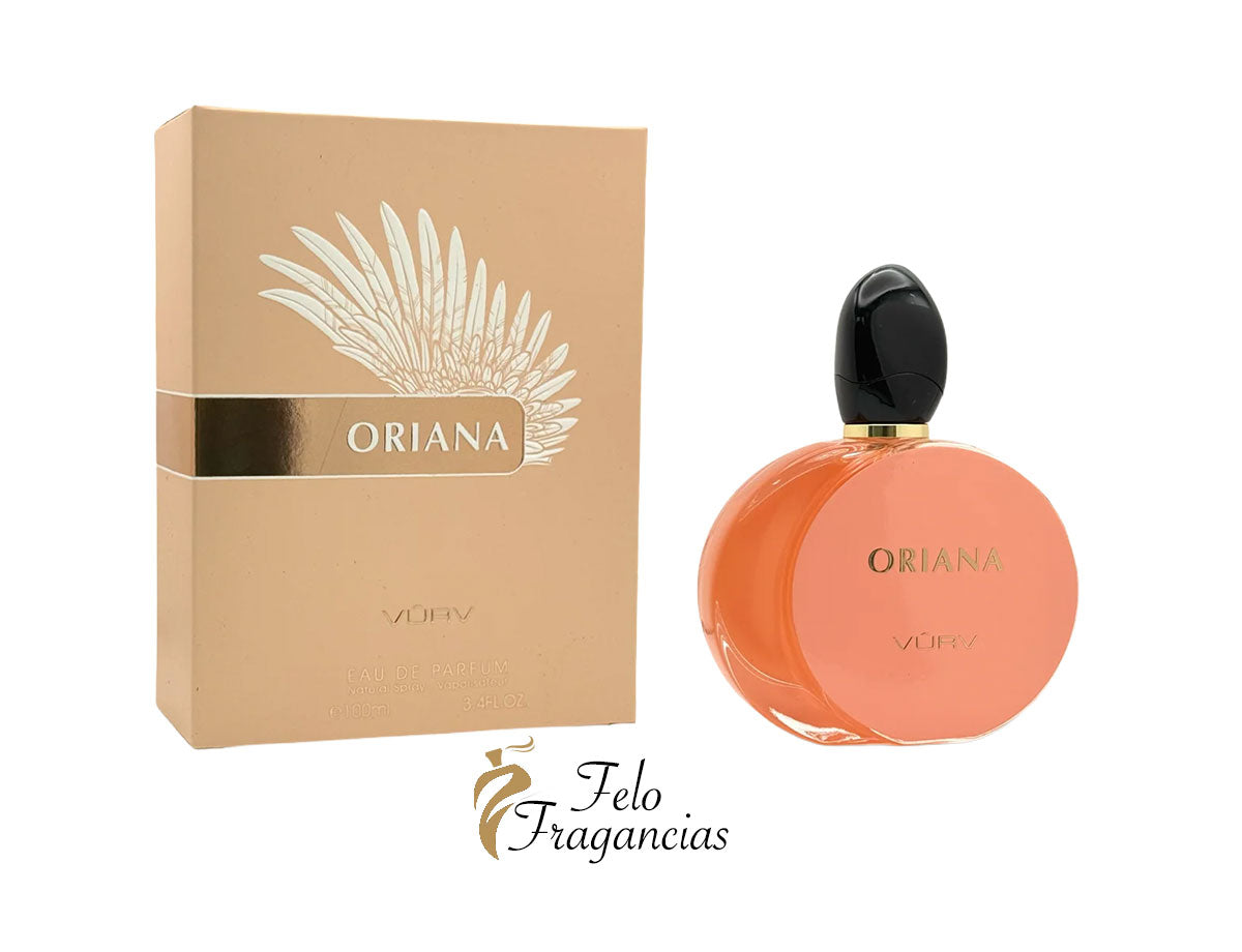 Oriana eau de parfum 100ml box and orange glass bottle with black cap